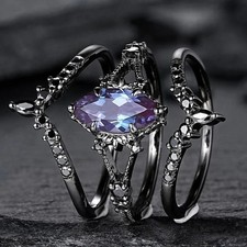 Black Tone Blue Stone Ring Set Women Oval Round Geometric Party Fashion Jewelry