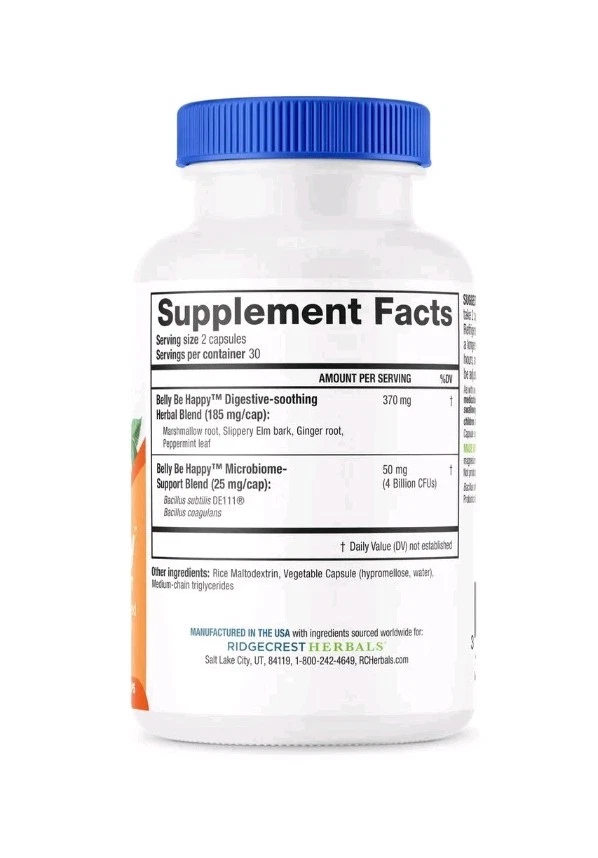 Ridgecrest Herbals Belly Be Happy пищеварительная поддержка 60 капсул 05/2028 - Изображение 2 из 3
