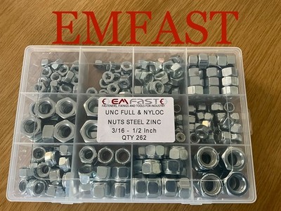 Sortimentskasten 262-teilig 10/24 3/16 1/4 5/16 3/8 UNC Voll Nyloc Mutter Stahl Zink Pack