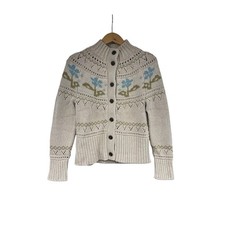 LL Bean Signature Cotton Knit Floral Fisherman Heavy Cardigan Sweater S Petite