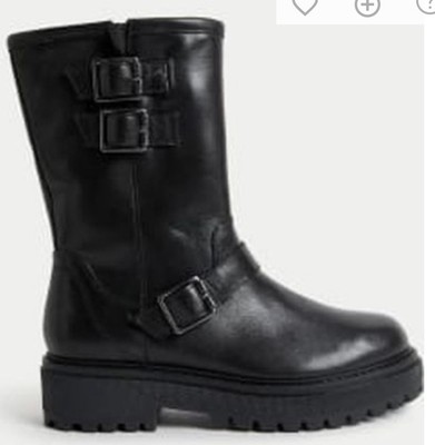 MARKS AND SPENCER BLACK LEATHER BIKER BUCKLE FLATFORM BOOTS SIZE