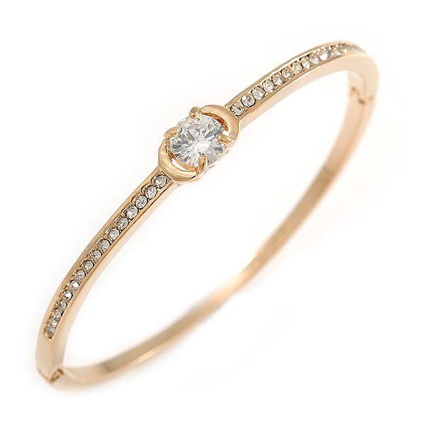 Delicate Clear Crystal Round Cut Cz Bangle Bracelet In Gold Plated Metal - 19cm