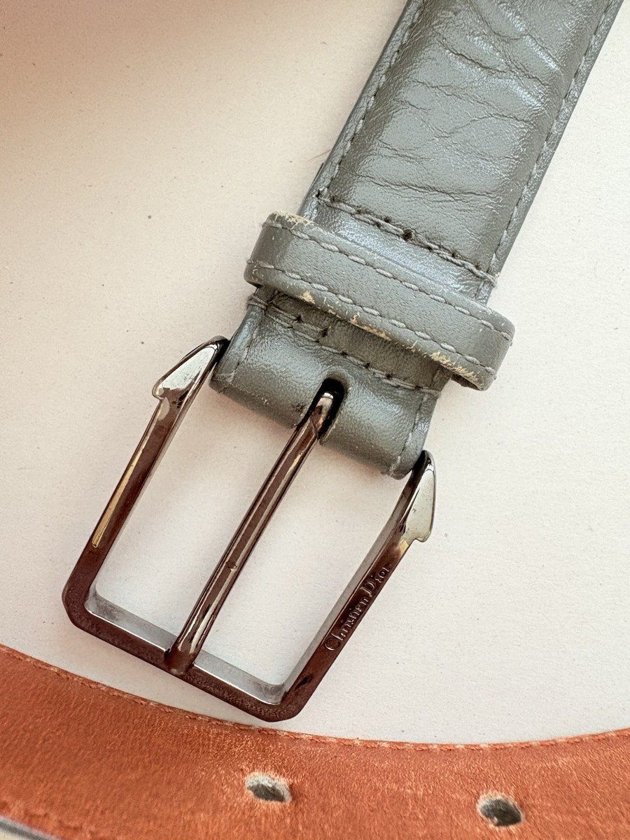 Vtg Christian Dior grey Genuine Leather Belt silver Tone
