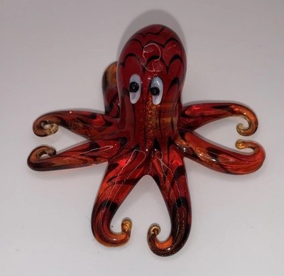 Hand Blown Art Glass Octopus Squid Animal Figurine Red Amber Gold & Black 35.83g