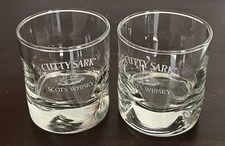 Set Of 2 Cutty Sark Scots Whisky Lowball Glasses Dimpled Base Clipper Ship