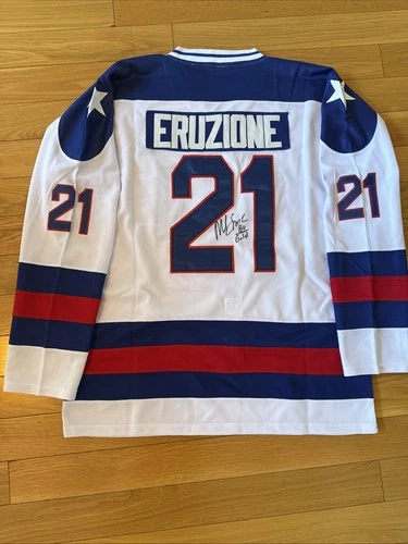 Mike Eruzione Signed Hockey Jersey - 1980 Miracle On Ice USA Olympic Team