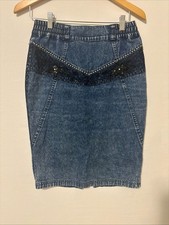 Vintage Lankin Acid Wash Denim Skirt M Western Yoke Studded Y2K 80s festival