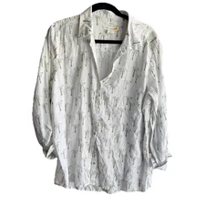 C&C California 100% Linen Womens Blouse White Palm Trees Tropics Beachy Vacay