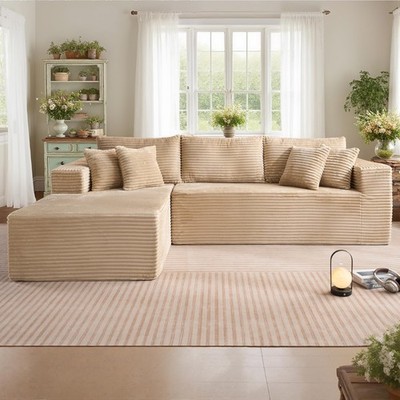 108'' Modern Bonless Floor Sofa L Shaped Plush Fabric Foam-Filled