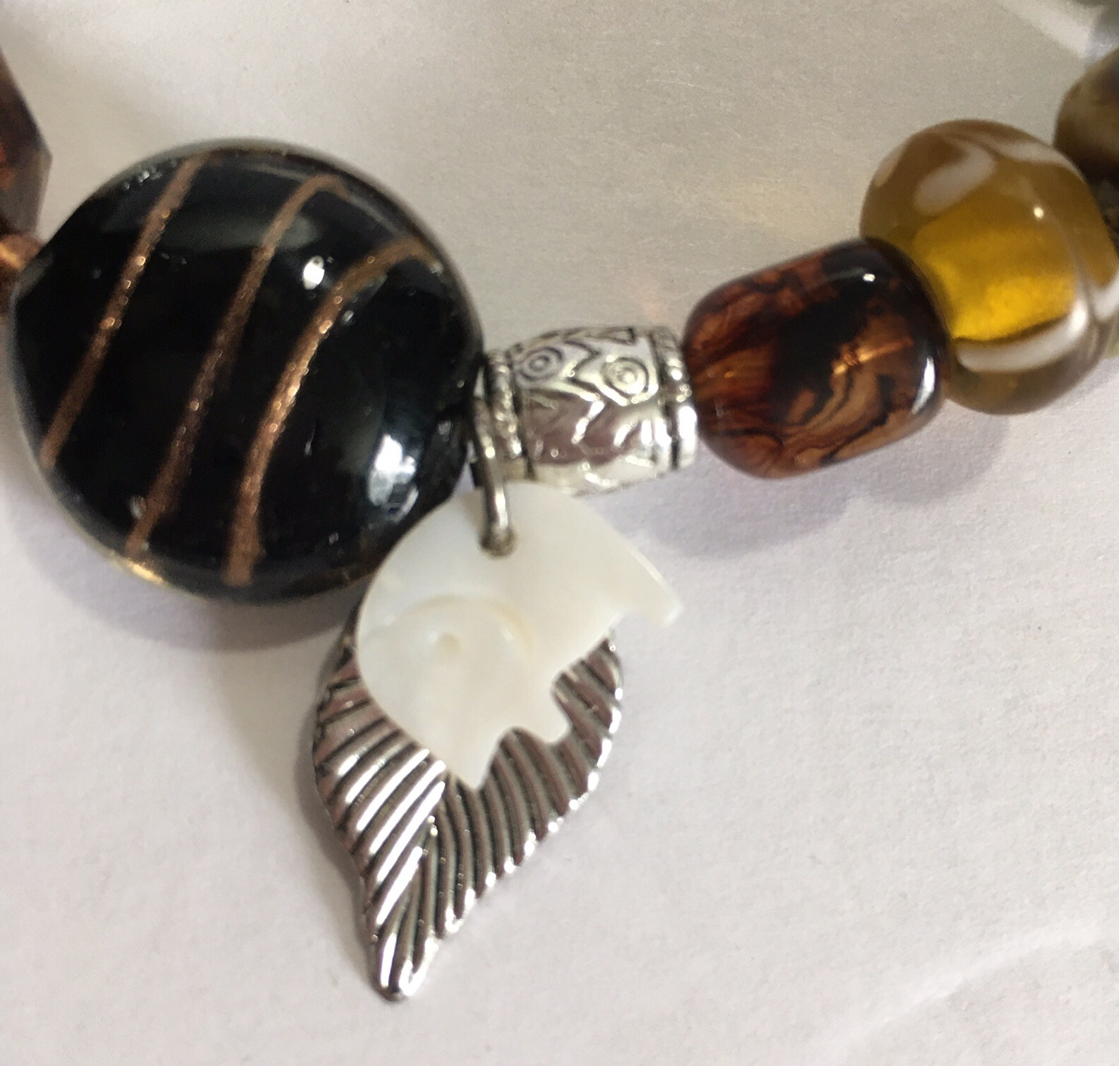 Brown Multi Pattern Glass Bead Stretch Bracelet M… - image 2