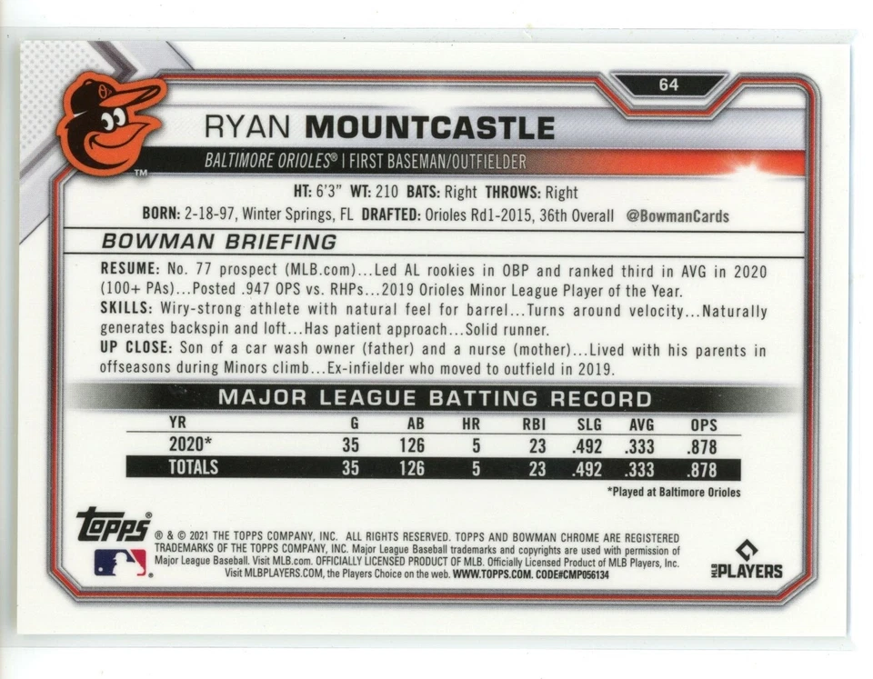 2021 Bowman Chrome Sapphire Image Variation Yellow #64 Ryan Mountcastle RC/50 - Image 2 of 2