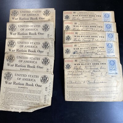 (10) 1943 WWII Matching War Ration Books 5 Book One 5 Book Two Only 14 Stamps