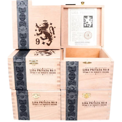Lot of 5 Liga Privada Robusto Oscuro No. 9 Wood Cigar Box 6'' x 6.25'' x 4''