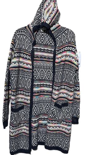 Monteau Open Front Hoodie Cardigan Sweater Womens M Multicolor Aztec Duster Long