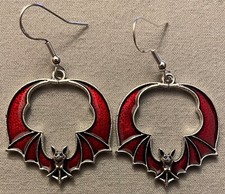 BAT EARRINGS - Red Enamel w/Sterling Silver Ear Wires FLYING BAT HALLOWEEN