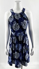 Banana Republic Dress Sz 6 Black Blue Floral Sleeveless Stretch Fit Flare Womens