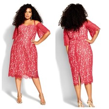 City Chic Lace Whisper Dress Size L/ 20 Raspberry Nude Midi 