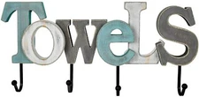 Rustic Wood Towels Sign with Hooks, Decorative Cutout Word Sign Wall Decor