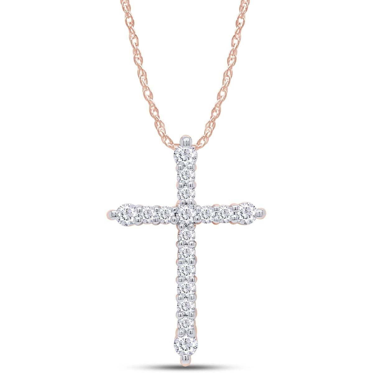 1/3 Ct Cross Pendant Necklace Lab Grown Diamond 10K & 14K Gold 18" Rope Chain