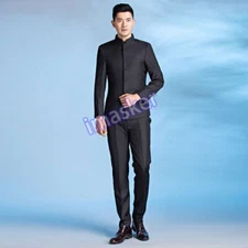 Men Suit Mandarin Grandad Collar Chinese Asian Dinner Jacket Pants Zhongshan Set
