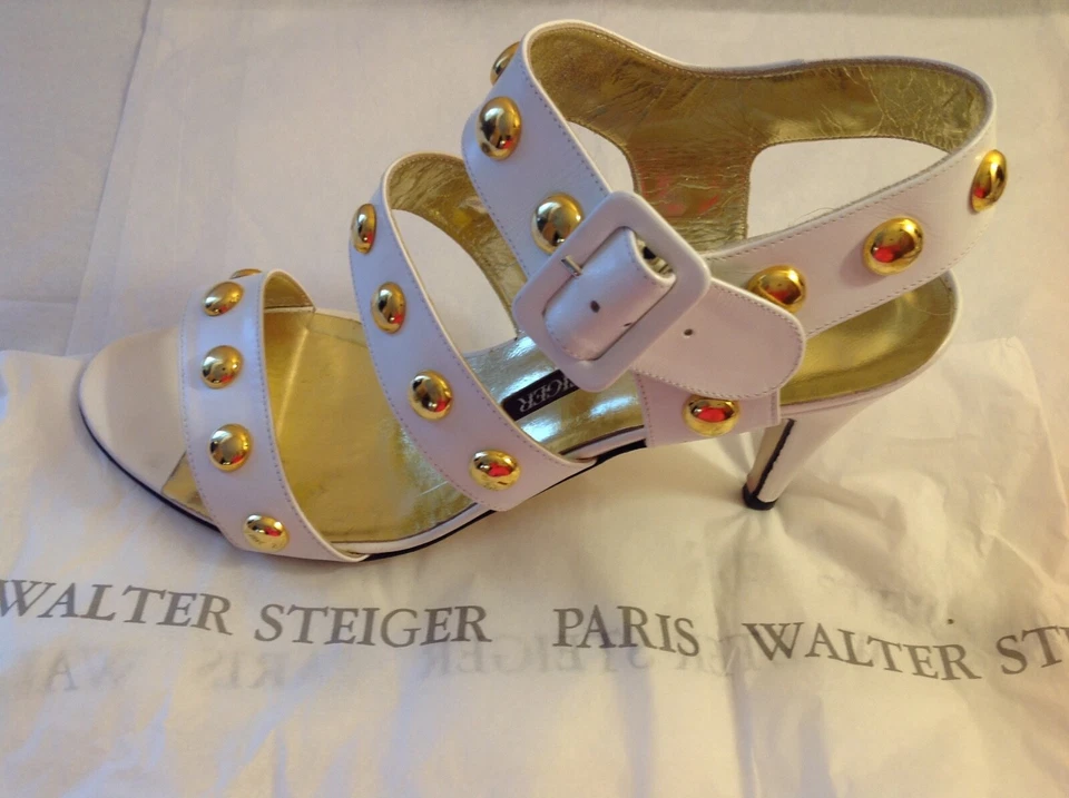 Sandalias de diseñador Walter Steiger de cuero con tacón de pantorrilla blancas 6,5B Italia Foto 3 de 4