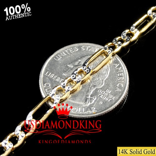 Men's Ladies 14k Pave 100% Real Gold Hollow Figaro Cuban Link Chain Necklace New - Picture 9 of 11