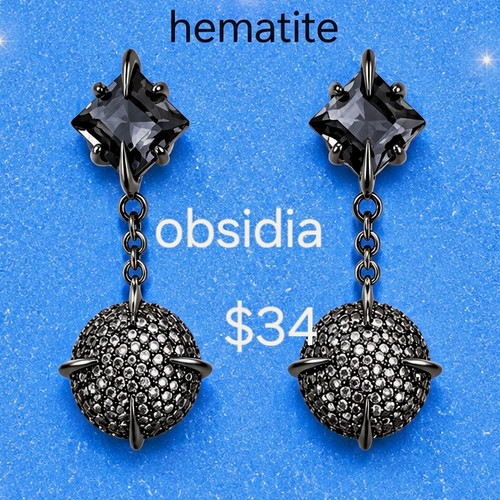 Obsidia Supernova Drip Hematite Dangle/Drop Earrings Gray Square Prong Set