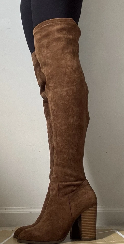 Forever 21 Botas para Mujer Sobre la Rodilla Imitación Gamuza Tacón Bloque Marrón NUEVAS ~ Talla 8 Foto 2 de 4