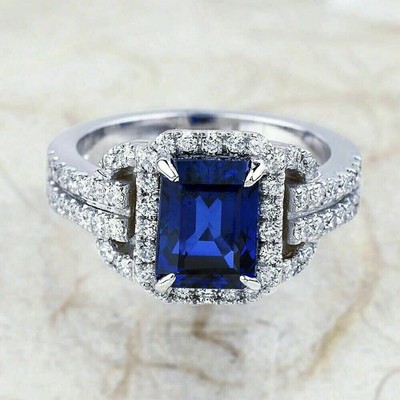 2Ct Emerald Blue Sapphire & Created Diamond Engagement Ring 14K White Gold Over