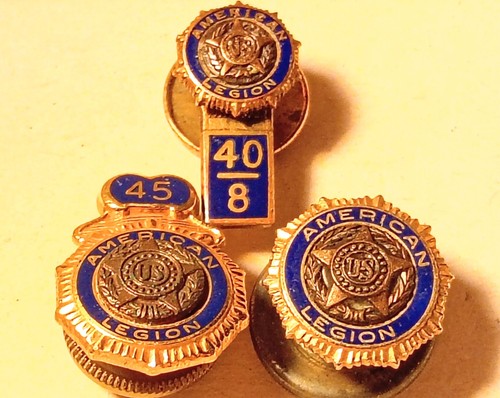 3 Antique American Legion Lapels/Tie Pins Brass-Sterling & Gold Filled
