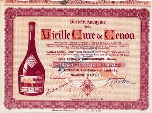 €1 Vieille Cure de Cenon hist share + KP Cenon- Bordeaux 1952 France France