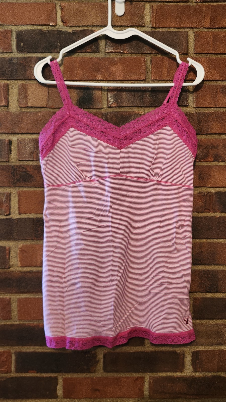 American Eagle Pink White Striped Lace Trim Camisole Tank Top XL Women Y2K Vtg