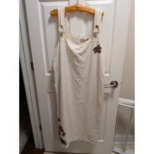Two Twenty Vintage Y2K Cream Pinafore Dress with Leaf Embroidery Cotton Linen XL