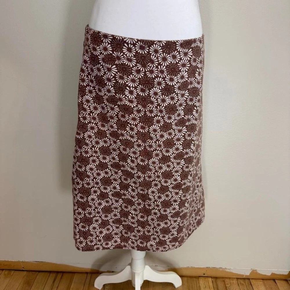 Brown Floral A-Line Linen Blend Skirt Sz 14 Cottagecore Boho Retro