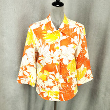Coldwater Creek Button Up Jacket Womens 12 Floral Orange White Artsy Flowers Top