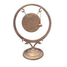 Vintage Etched Brass Gong India Floral Ornate Circular Stand 9x7x3