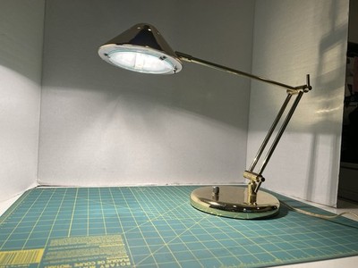 80s MCM ADJ HALOGEN DESK LIGHT LITE SOURCE CA UL USA UFO SAUCER TILT BRASS LAMP