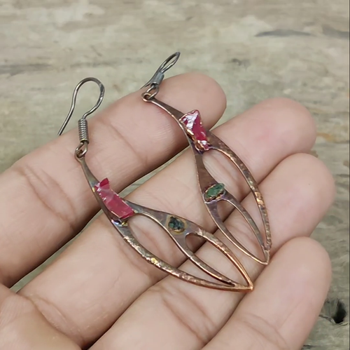 Pink Tourmaline Rough Gemstone Copper Drop Dangle Electroformed Earrings Jewelry - Video 1 of 1
