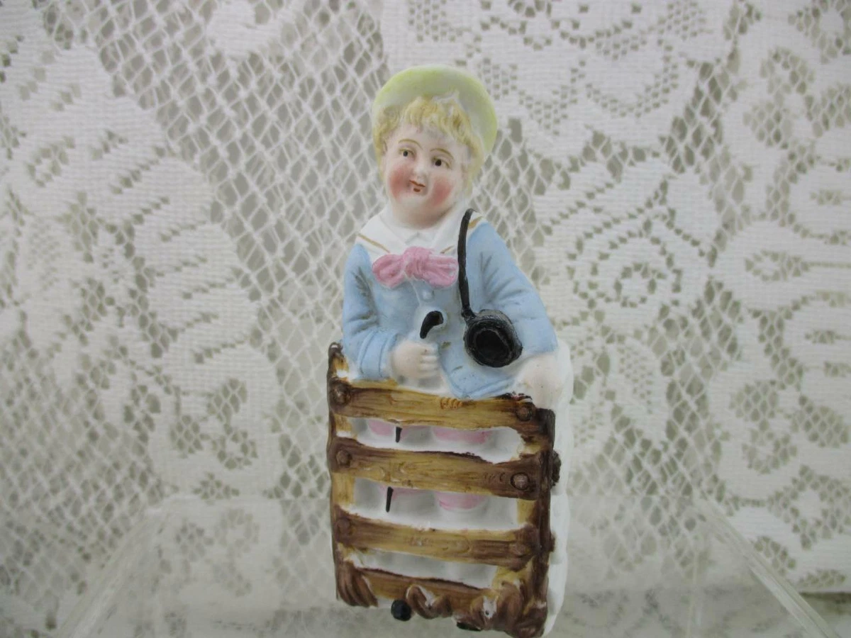 Vintage Bisque Toothpick Match Holder Girl in Blue w Hat 6193