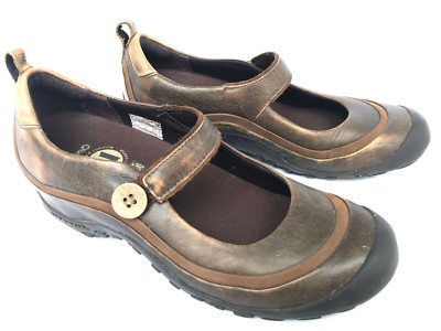 Merrell Plaza Emme Mary Jane Brown Leather Button Strap Clog Shoes Women's 8
