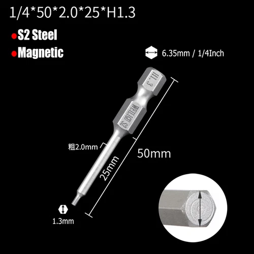 H0.9 to H14 Hexagon Magnetic Bit Socket Wrenches S2 Steel 1/4" for Hexagon Bolts - Picture 12 of 30