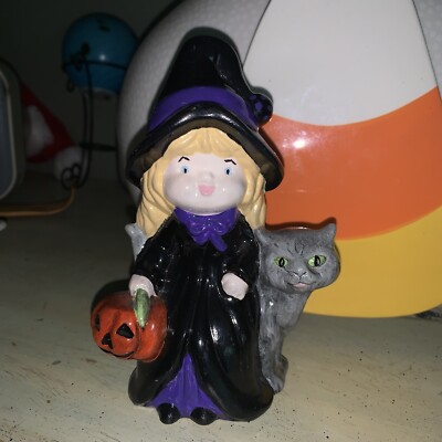 Vintage Halloween Girl Witch Pumpkin with Cat Ceramic Rare Decoration 7 Inch