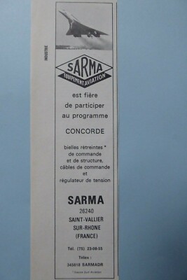 1/1977 PUB SARMA SAINT VALLIER SUR RHONE AVIATION CONCORDE ORIGINAL FRANZÖSISCHE ANZEIGE