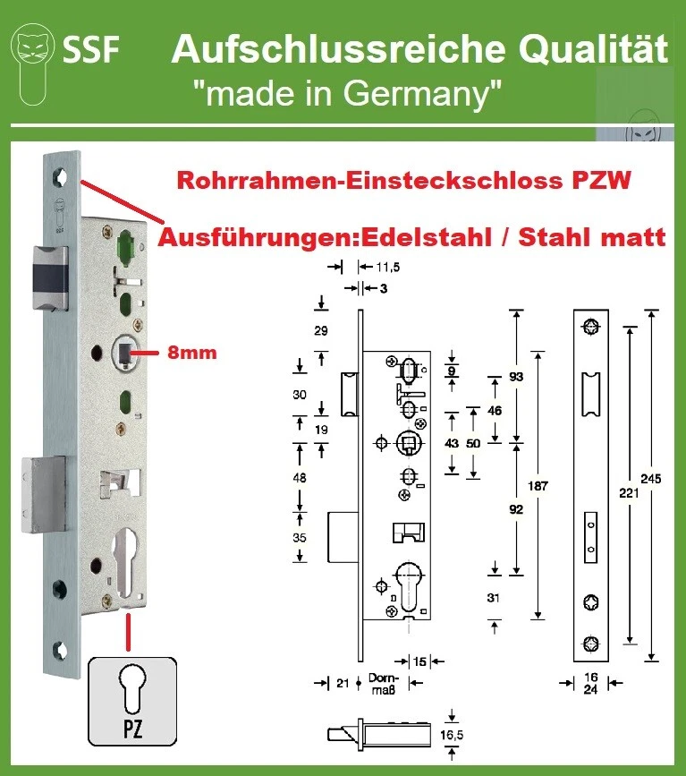 SSF Einsteckschloss Rohrrahmen Einsteckschloss PZW 24/25,30,35,40,45/92/8 mm