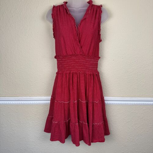 Max Studio Boho Tiered Midi Dress Striped White Red Smocked Ruffle Size M V-Neck