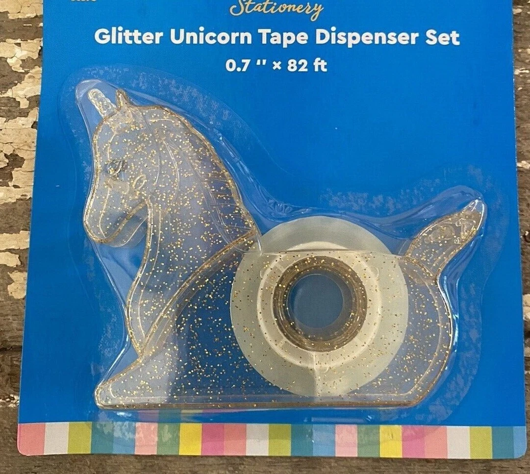 Unicorn TAPE DISPENSER PLASTIC STATIONERY GIFT GOLD KIDS GIRLS SCHOOL  GLITTER