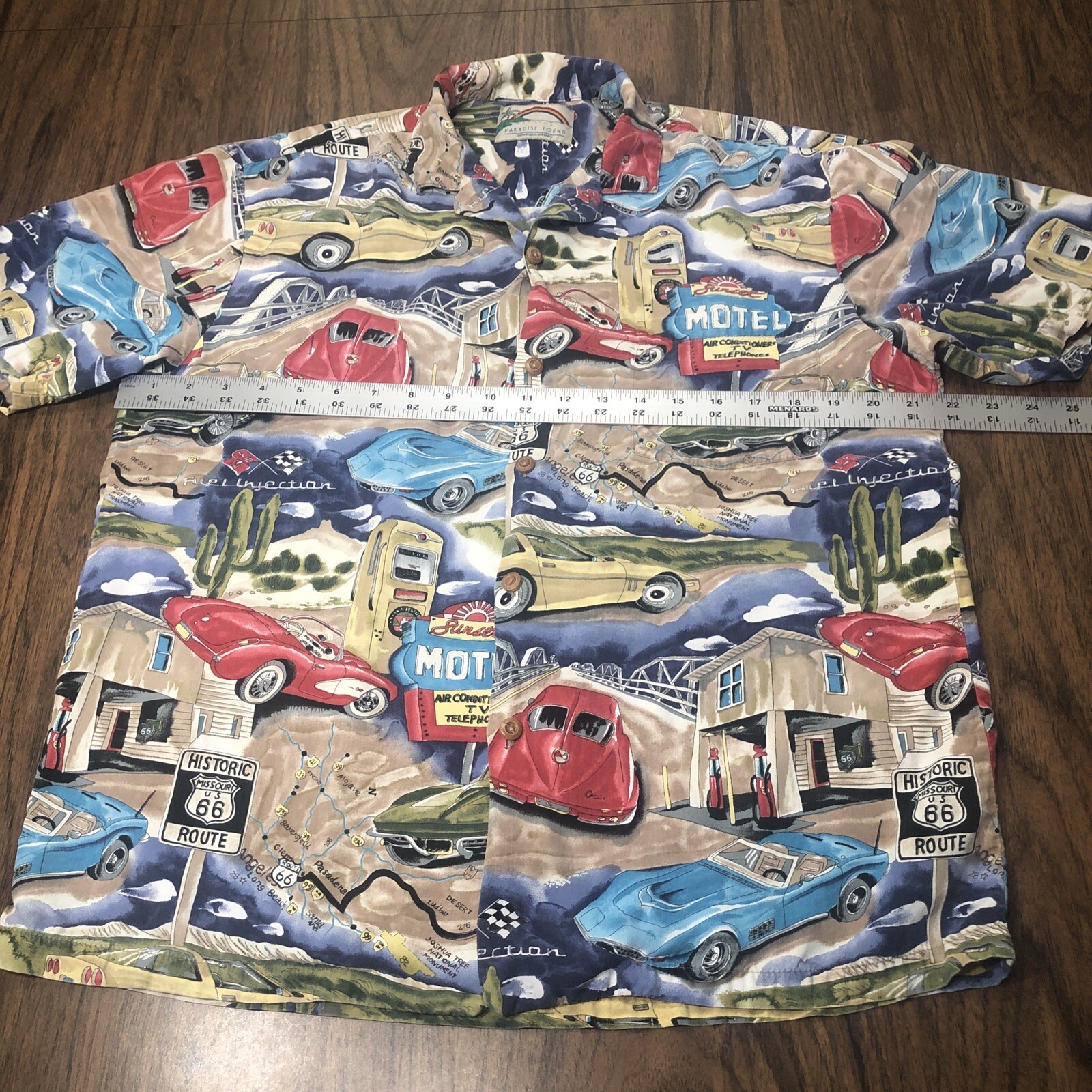 Vtg PARADISE FOUND Hawaiian Shirt Mens M Route 66 Corvette Stingray Made Hawaii