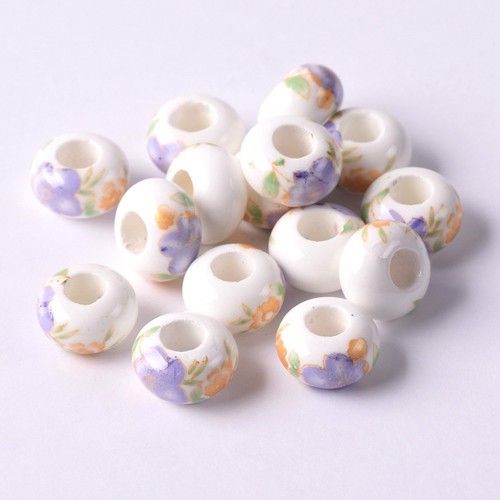 Flower Patterns 10pcs 15mm Rondelle Ceramic Porcelain Loose Charm Big Hole Beads - Picture 38 of 62