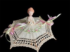 Vintage Miniature Doll Umbrella Cream Linen Parasol Wooden Frame Plastic Head