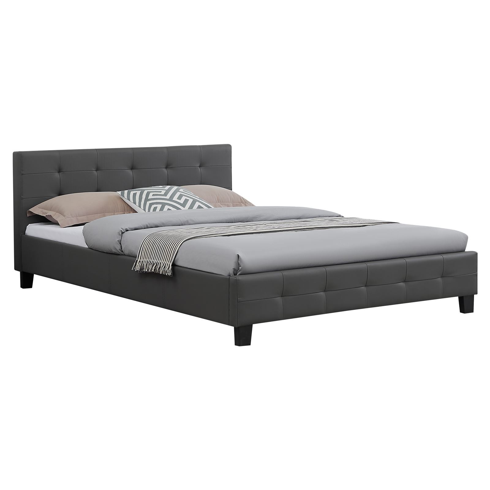 Lit 140x190cm capitonné gris avec sommier à lattes design scandinave élégant